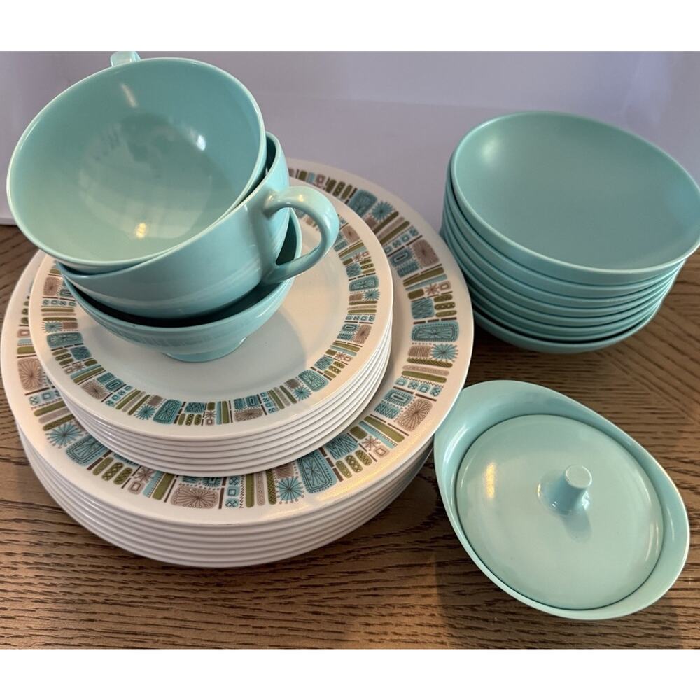 Vintage Texasware Atomic Melamine Bowls Cups Salad Dinner Plates 27 Piece Set
